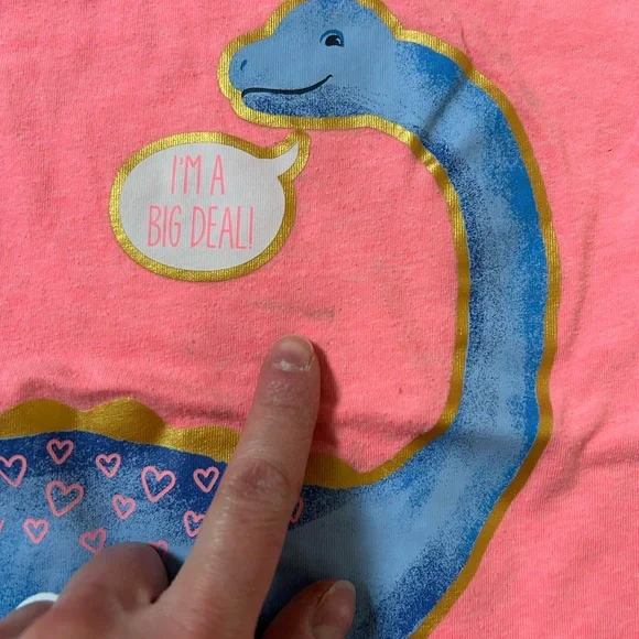 Simple Coral Pink Tee with Blue Dinosaur and Gold Accents - Picture 3 of 5